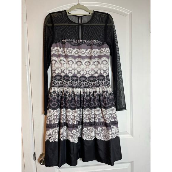 Eliza J Cocktail Dress Size 6 Purple Floral Mesh Sleeves Fit & Flare Whimsygoth - Picture 1 of 8